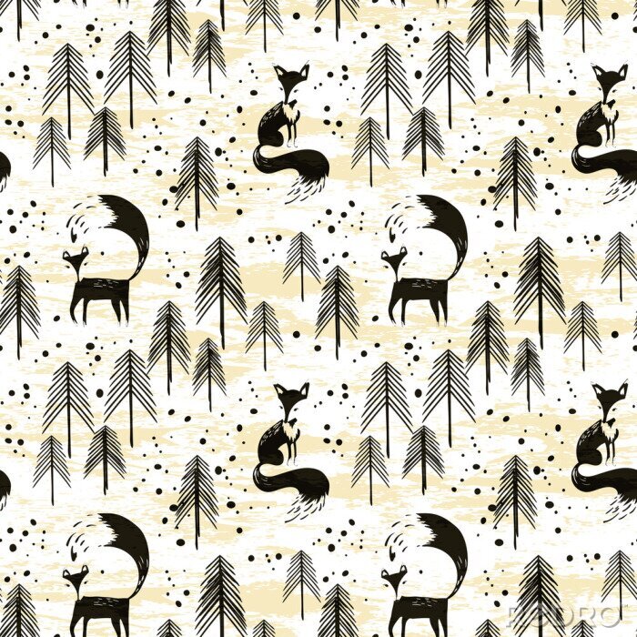 Fotobehang Zwarte vossen en bomen op gele achtergrond