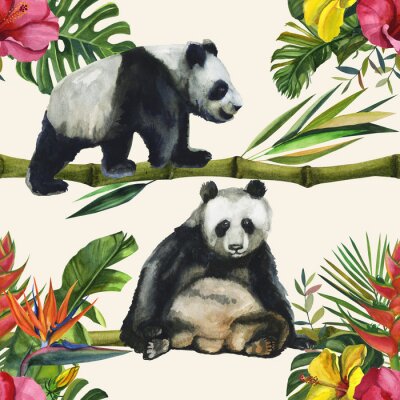 Panda Aquarel bamboe beer tussen tropische bloemen