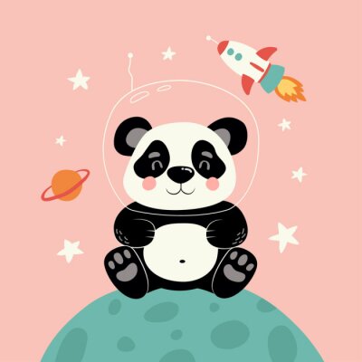 Panda Panda in een helm met een raket op de achtergrond