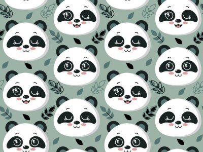 Panda Patroon met schattige pandakopjes en blaadjes