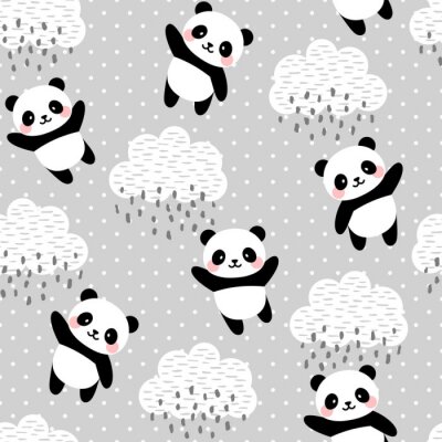 Panda Scandinavisch patroon met panda's op grijze achtergrond met wolken