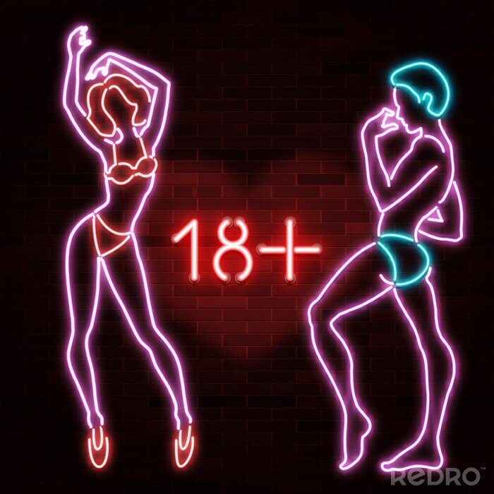 Poster 18+ banner with neon silhouette of sexy man and woman figures, beautiful silhouettes, nightclub, striptease, sex shop advertisement, vector illustration