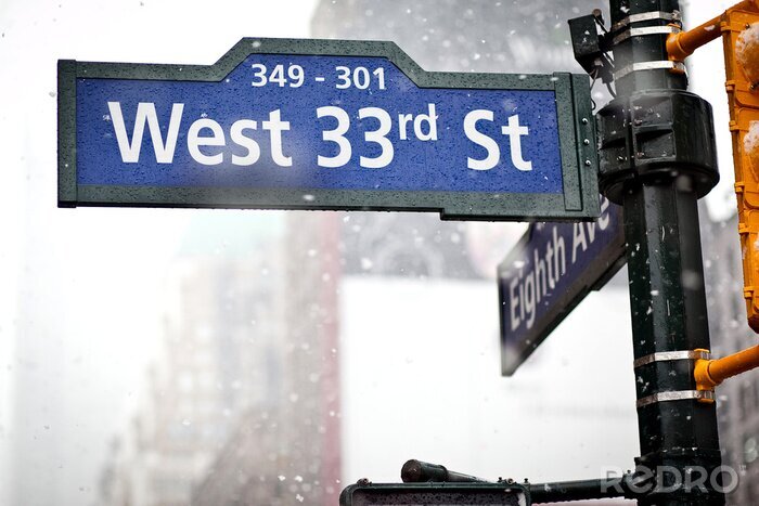 Poster 33e straat richting teken in New York in sneeuwstorm