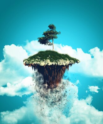 Poster 3D drijvend eiland exploderen in de lucht