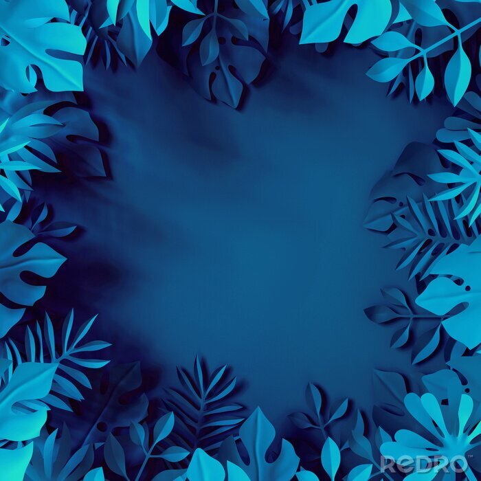 Poster 3D-frame van blauwe plantenbladeren