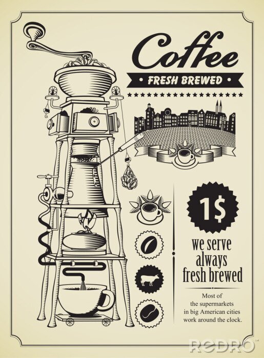 Poster 3D koffie op retro instructies