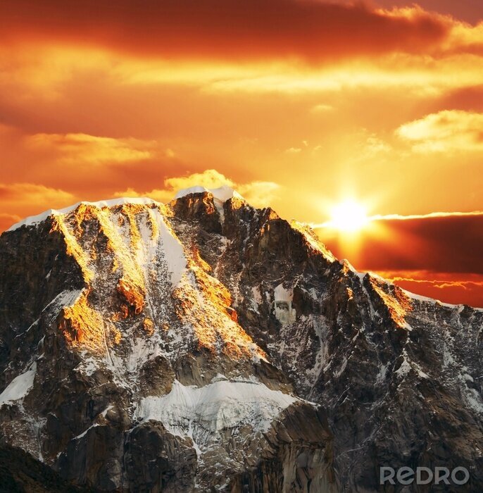 Poster 3d landschap met zonsondergang
