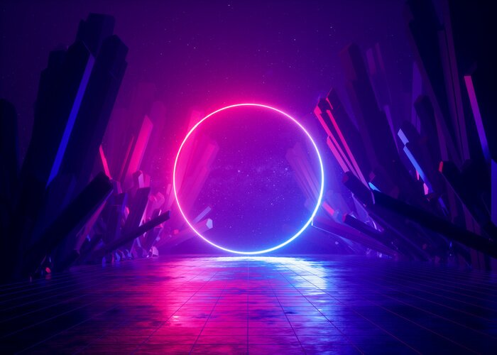 Poster 3d render, abstract background, cosmic landscape, round portal, pink blue neon light, virtual reality, energy source, glowing round frame, dark space, ultraviolet spectrum, laser ring, rocks, ground