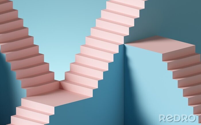 Poster 3d render, abstract background with steps and staircase, in pink and blue pastel colors. Architectural design elements.