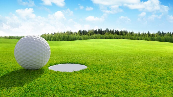 Poster 3d render Close up of golf ball on green in golf course. sport background.