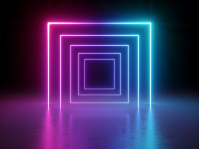 3d render, gloeiende lijnen, tunnel, neonlichten, virtual reality, abstracte achtergrond, vierkante portal, boog, roze blauw spectrum levendige kleuren, laser show