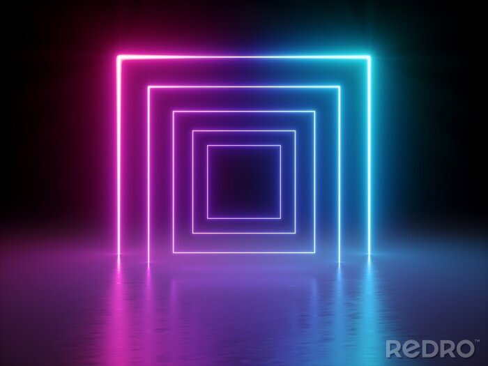 Poster 3d render, gloeiende lijnen, tunnel, neonlichten, virtual reality, abstracte achtergrond, vierkante portal, boog, roze blauw spectrum levendige kleuren, laser show