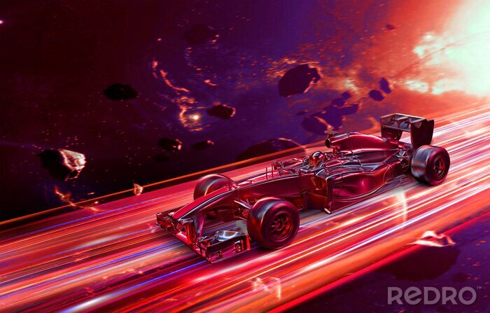Poster 3D Render Illustration F1 Racing Car With Abstract Out Of Space  Speed Effect Background
