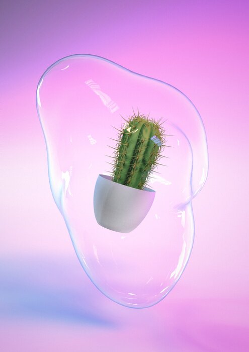 Poster 3D render of Cactus plant with soap bubble and blue and pink neon background. Contemporary style. Iridescent colors.