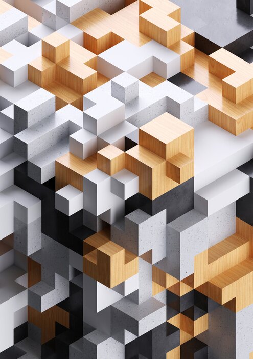 Poster 3d rendering, abstract cube background, voxel mosaic, geometric shapes, modern construction materials, wood and stone texture
