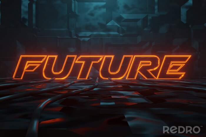 Poster 3D rendering of Cyberpunk word future illuminated in orange in metal background. Artificially illuminated presentation words with blue light