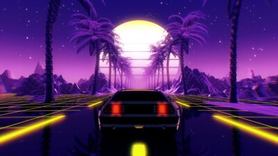 80s retro futuristic sci-fi 3D illustration with vintage car. Riding in retrowave VJ videogame landscape, neon lights and low poly grid. Stylized cyberpunk vaporwave background. 4K