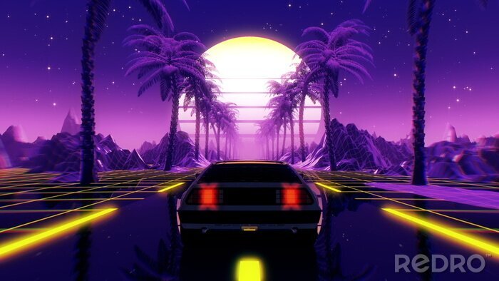 Poster 80s retro futuristic sci-fi 3D illustration with vintage car. Riding in retrowave VJ videogame landscape, neon lights and low poly grid. Stylized cyberpunk vaporwave background. 4K