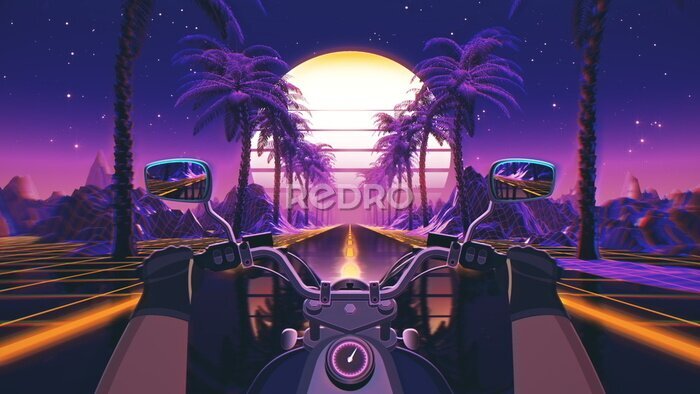 Poster 80s retro futuristic sci-fi background with motorcycle pov. Riding in retrowave VJ videogame landscape, neon lights and low poly grid. Stylized biker vintage vaporwave 3D animation background. 4K