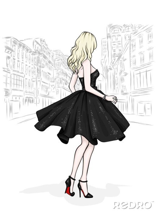 Poster A beautiful slender girl with long legs in fashionable clothes. A model in a skirt, top and high-heeled shoes. Vector illustration. Clothing, accessories, fashion and style.
