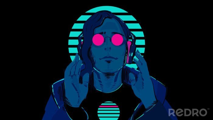 Poster A guy with blue skin in pink, round glasses against a striped neon circle is listening to music in stereo headphones. Illustration of a sci-fi retro wave 80's on a black background.