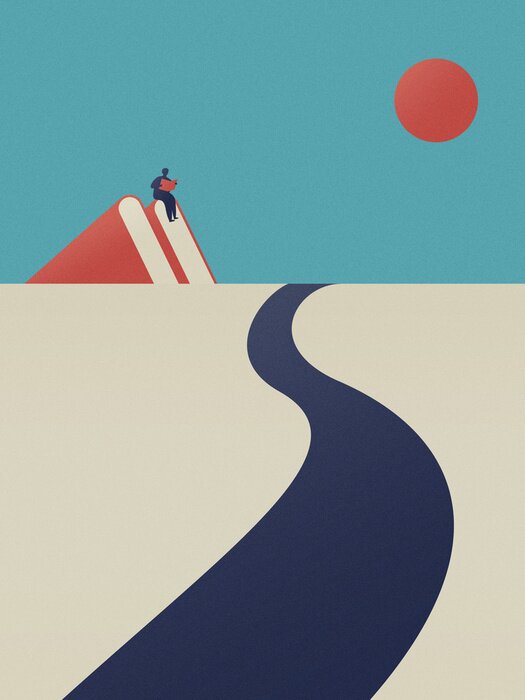 Poster a man is reading on the mountain and a road towards the sky