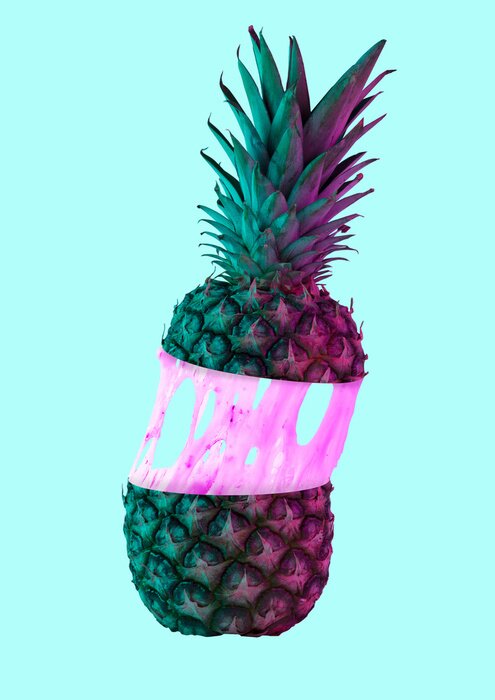 Poster A paradox. An alternative colorful pineapple filled with cream or pink bubblegym against blue background. Modern design. Food concept. Contemporary art collage. Negative space to insert your text.