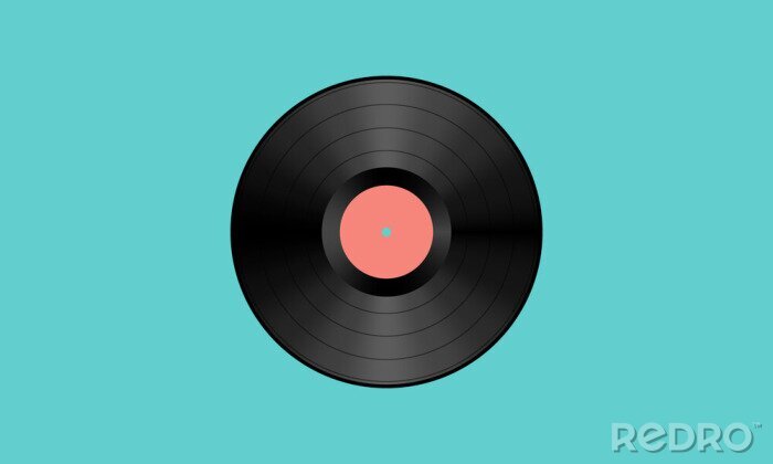 Poster A single black retro vinyl record with a coral label against a bright teal background