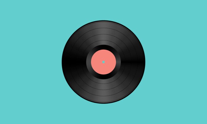 Poster A single black retro vinyl record with a coral label against a bright teal background