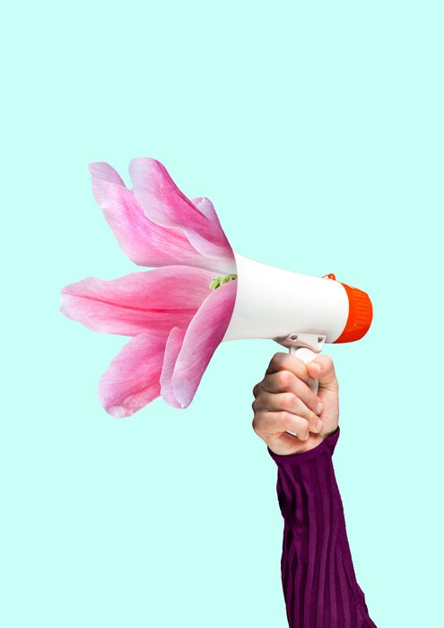 Poster A tender reminder. Social talks may grow into useful things. Males hand holding bullhorn with blossoming light pink flower. Negative space to insert your text. Modern design. Contemporary art collage.