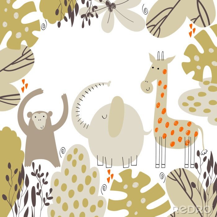 Poster Aap, giraf en olifant spelen samen