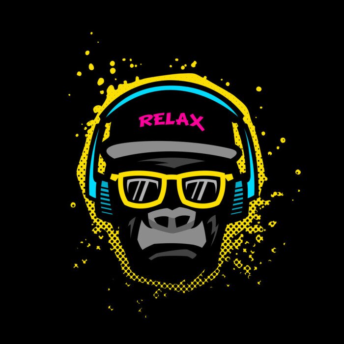 Poster Aap met bril en koptelefoon. Illustratie in heldere kleuren op de achtergrond van de grungetextuur.