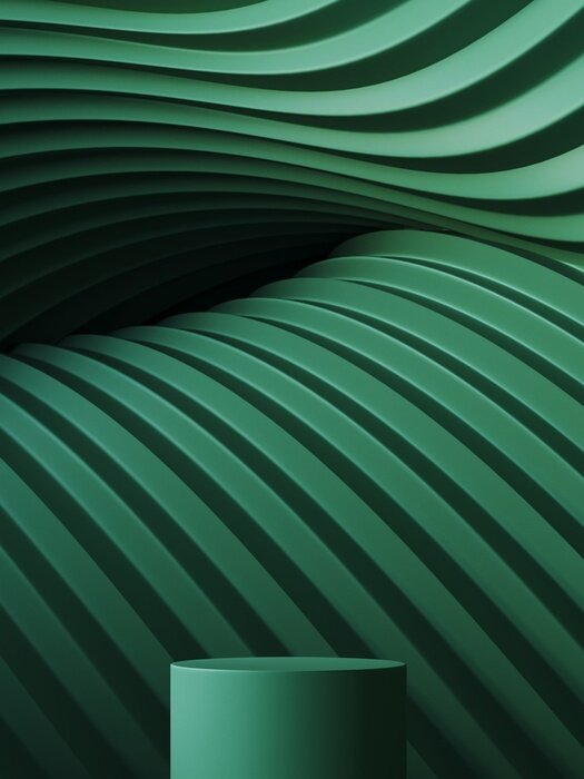 Poster Abstract background for branding and minimal presentation. Green podium on folding paper pleated geometric background. 3d rendering illustration.