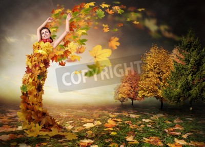Poster Abstract beeld herfst. Lady herfst met bladeren vleugels