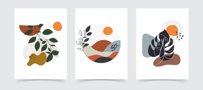 Poster Abstract boho floral line art vector leaves background.