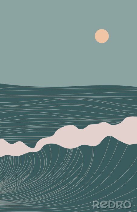 Poster Abstract contemporary aesthetic landscape with Sun, Sea, wave, mountains. Mid century modern minimalist line art print. Background in retro asian japanese style. Vector illustrations