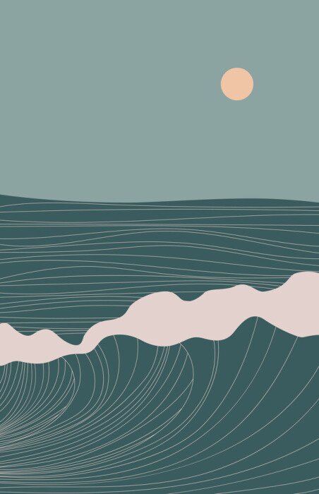 Poster Abstract contemporary aesthetic landscape with Sun, Sea, wave, mountains. Mid century modern minimalist line art print. Background in retro asian japanese style. Vector illustrations