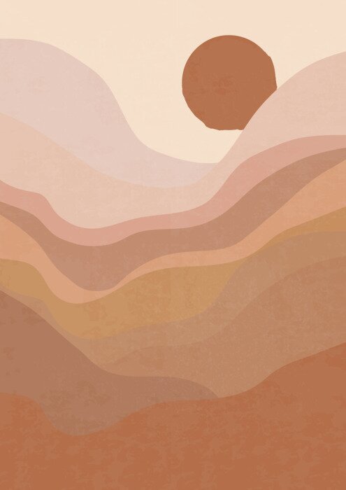 Poster Abstract contemporary landscape background with sunrise. Boho wall decor. Mid century flat modern minimalist art print vector illustration for wall decoration, home gallery, postcard, brochure cover