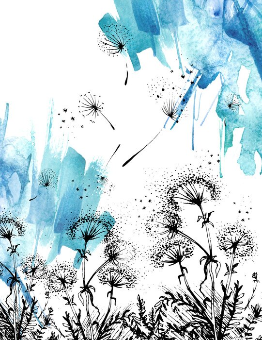 Poster Abstract Dandelions dandelion with flying seeds. Wild flower, petals, leaves, grass. On an isolated white background. Summer, spring landaft. Seeds, pollen, allergies. Garden plants.