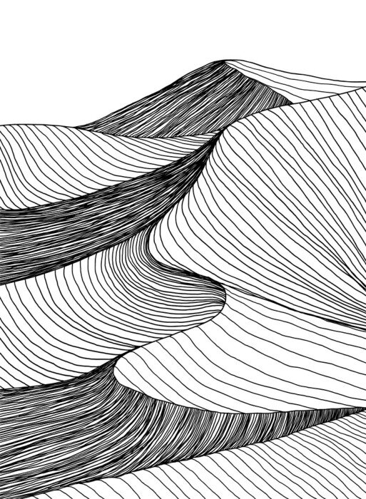 Poster Abstract desert sahara landscape. Line art hand drawn illustration. Desert landscape view. Sand dunes line drawing vector. Black and white mountain view, summer poster design. Summer holidays art work