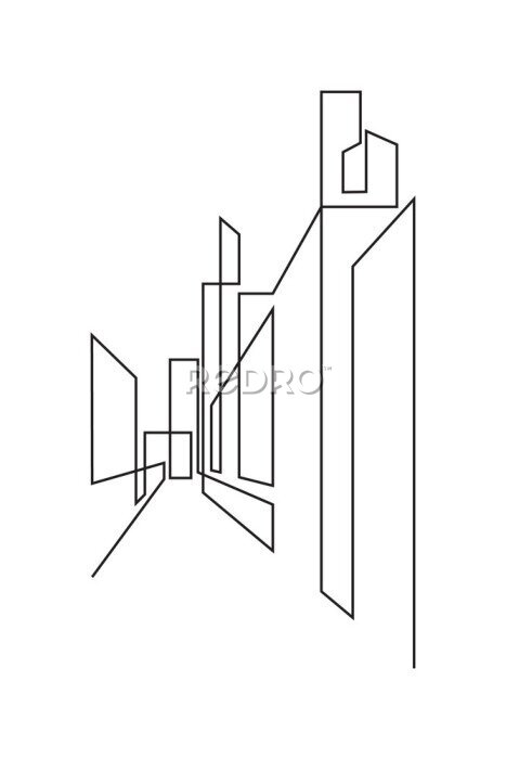 Poster Abstract drawing of urban street in continuous line art drawing style. Modern cityscape black linear design isolated on white background. Vector illustration