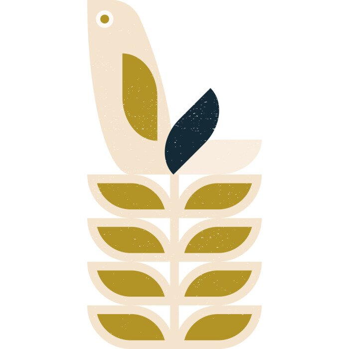 Poster Abstract geometric retro inspired vector seamless pattern.Stylized bird, leaves and flowers in pastel colors. Simple background in traditional decorative folk art scandinavian style.Isolated texture