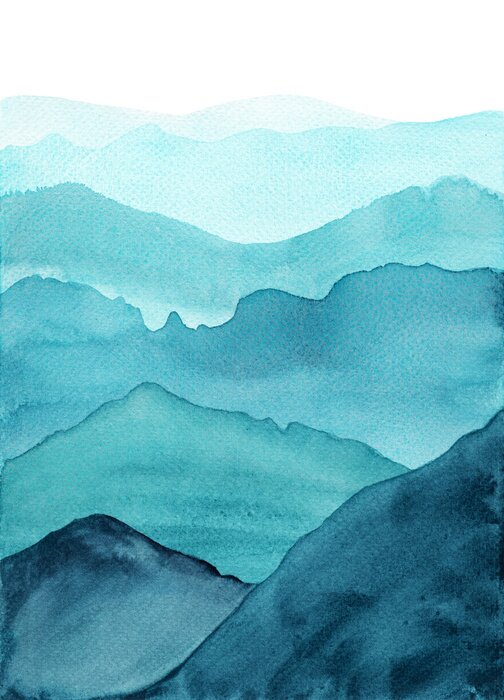 Poster abstract indigo blue watercolor waves mountains on white background