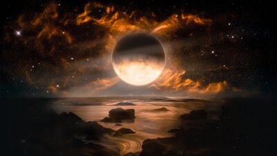Abstract landschap van een brandende maan aan de hemel