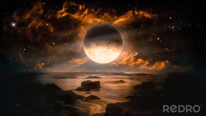 Poster Abstract landschap van een brandende maan aan de hemel