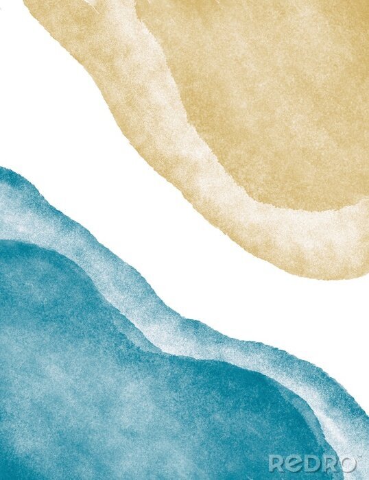 Poster abstract minimal art watercolor paint round shape by gold and teal blue green colors on white background.