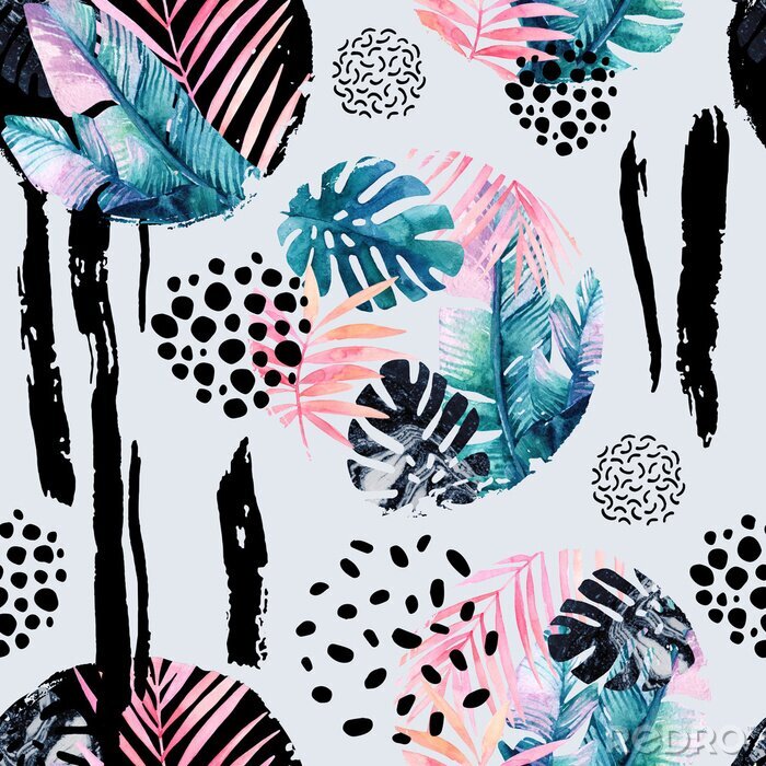 Poster Abstract natuurlijk naadloos patroon geïnspireerd door memphis stijl. Cirkels gevuld met tropische bladeren, doodle, grunge textuur, ruwe penseelstreken. Handgeschilderde aquarel illustratie