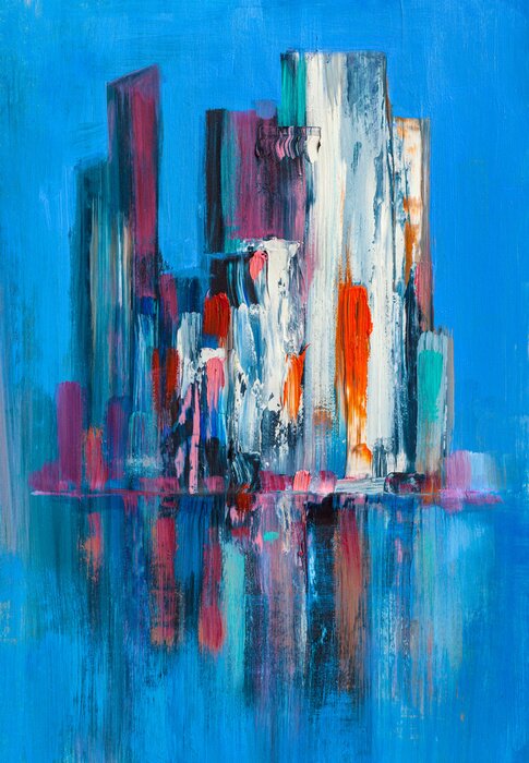 Poster Abstract painting of urban skyscrapers.