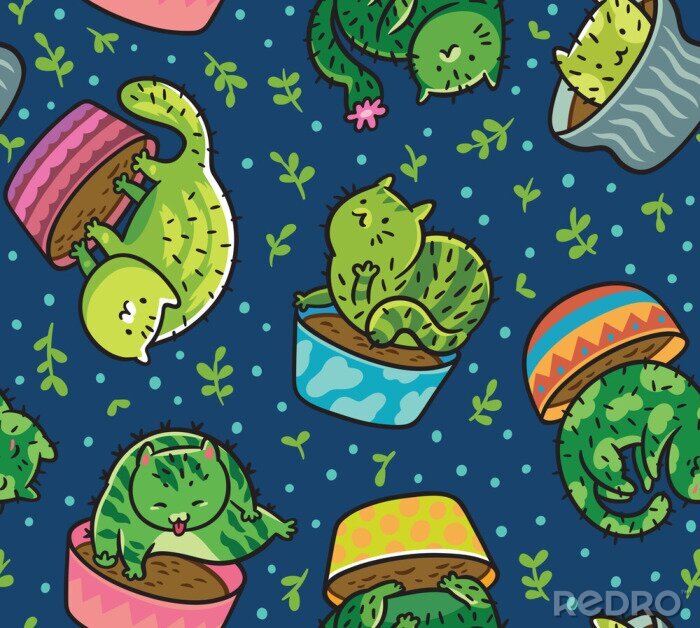Poster Abstract patroon met cactuskatten