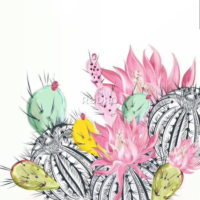 Poster Abstract patroon met cactussen op witte achtergrond